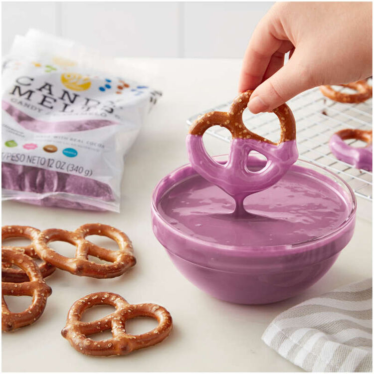 pretzel dipped in lavender candy melts candy