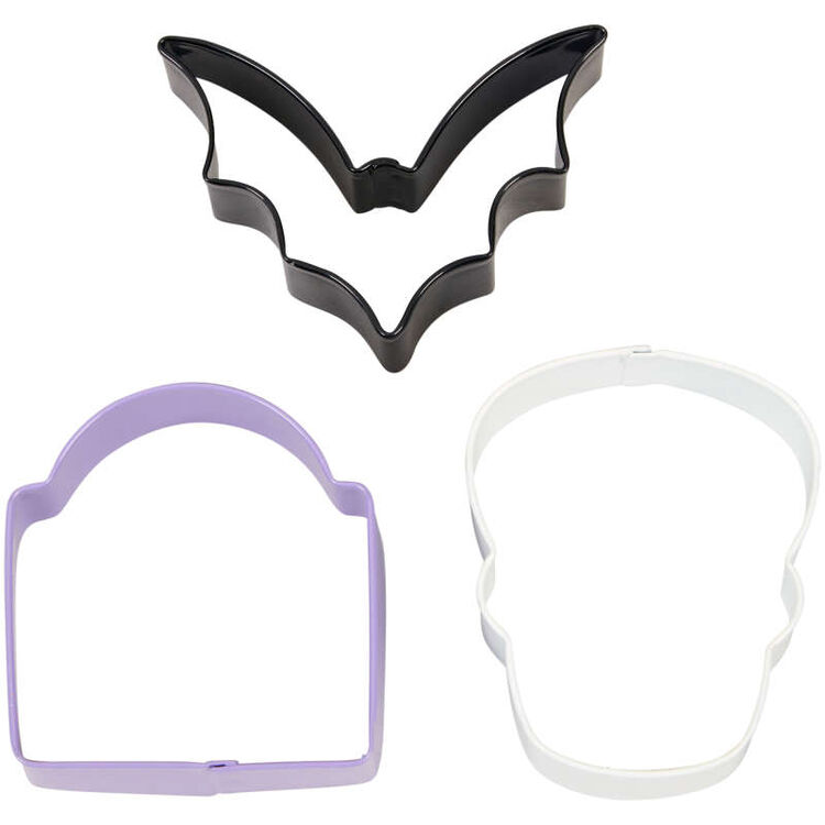 Bat, Tombstone and Skull Halloween Cookie Cutter Set, 3-Piece