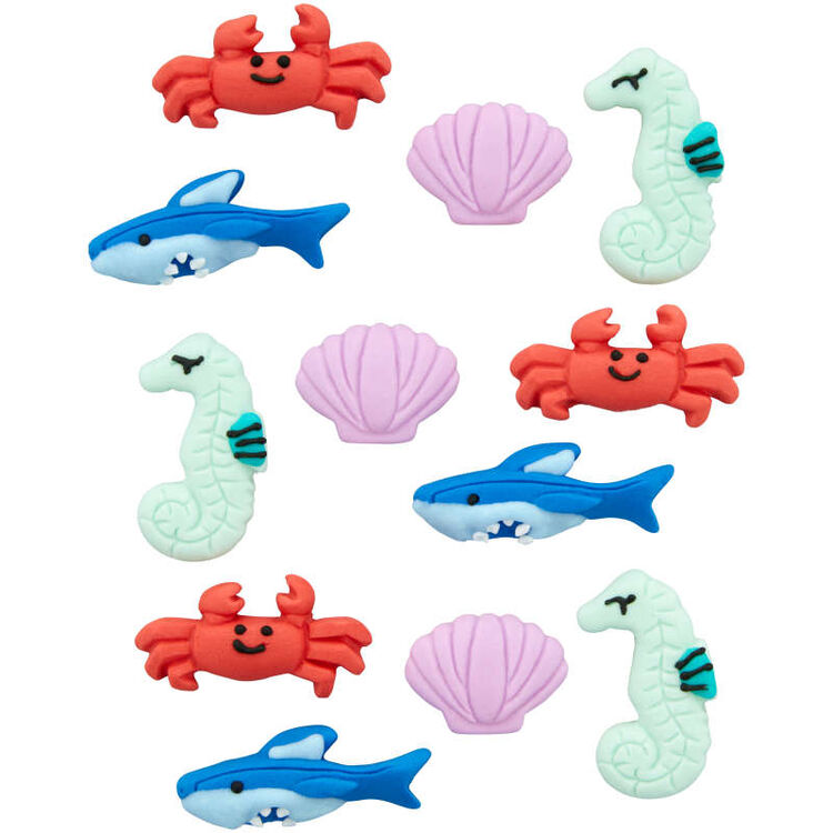 Crab, Seashell, Seahorse and Shark Royal Icing Decorations, 0.84 oz. (12 Pieces)