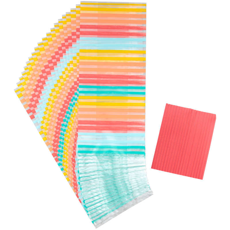 Yellow, Orange, Red and Blue Striped Treat Bags and Ties, 20-Count image number 0