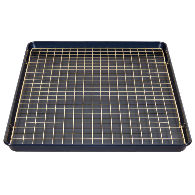 Non-Stick Diamond-Infused Navy Blue Mega Cookie Sheet with Gold Cooling Grid Set image number 1