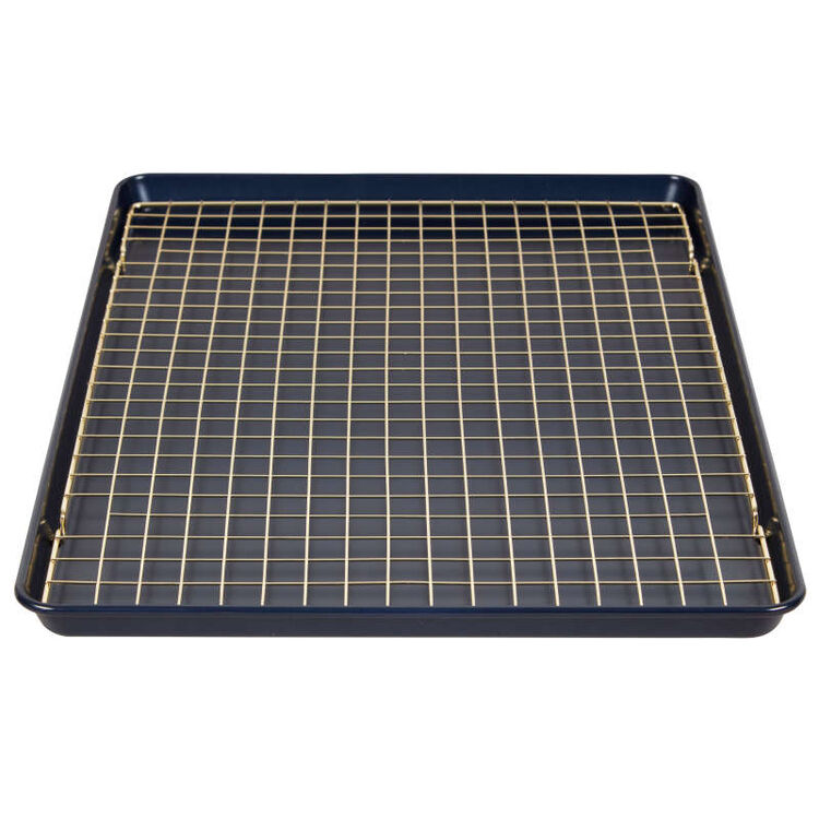 Non-Stick Diamond-Infused Navy Blue Mega Cookie Sheet with Gold Cooling Grid Set