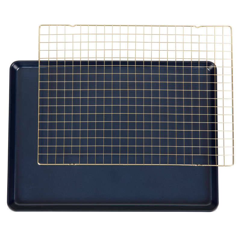Non-Stick Diamond-Infused Navy Blue Mega Cookie Sheet with Gold Cooling Grid Set image number 0