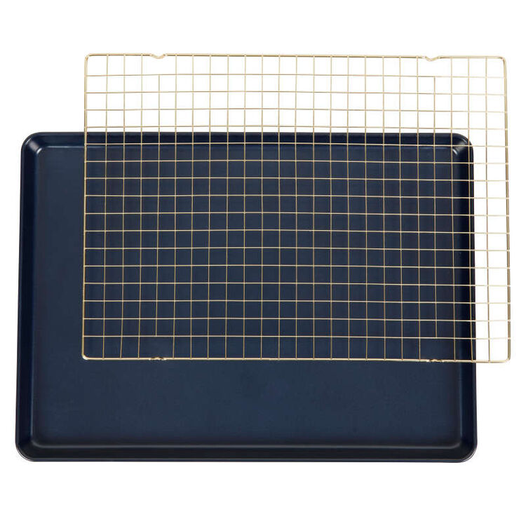 Non-Stick Diamond-Infused Navy Blue Mega Cookie Sheet with Gold Cooling Grid Set