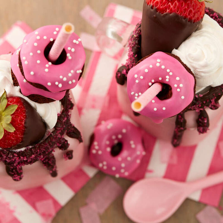 Strawberry Milkshakes with Mini Donut Toppers