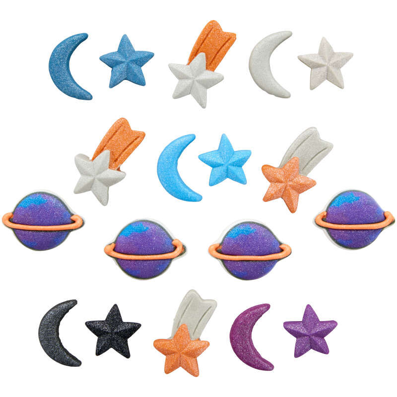 Planet, Moon and Star Royal Icing Decorations, 0.70 oz. (18 Pieces) image number 1