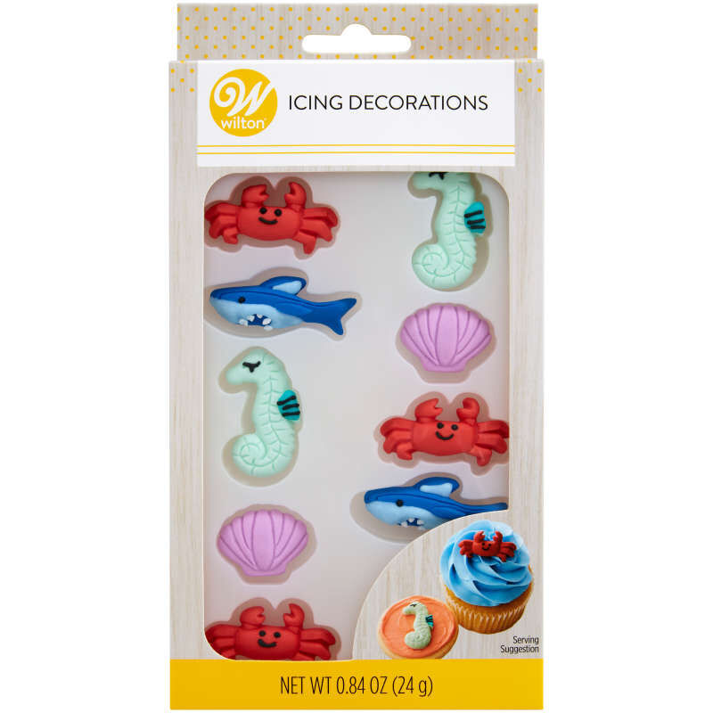 Crab, Seashell, Seahorse and Shark Royal Icing Decorations, 0.84 oz. (12 Pieces) image number 0