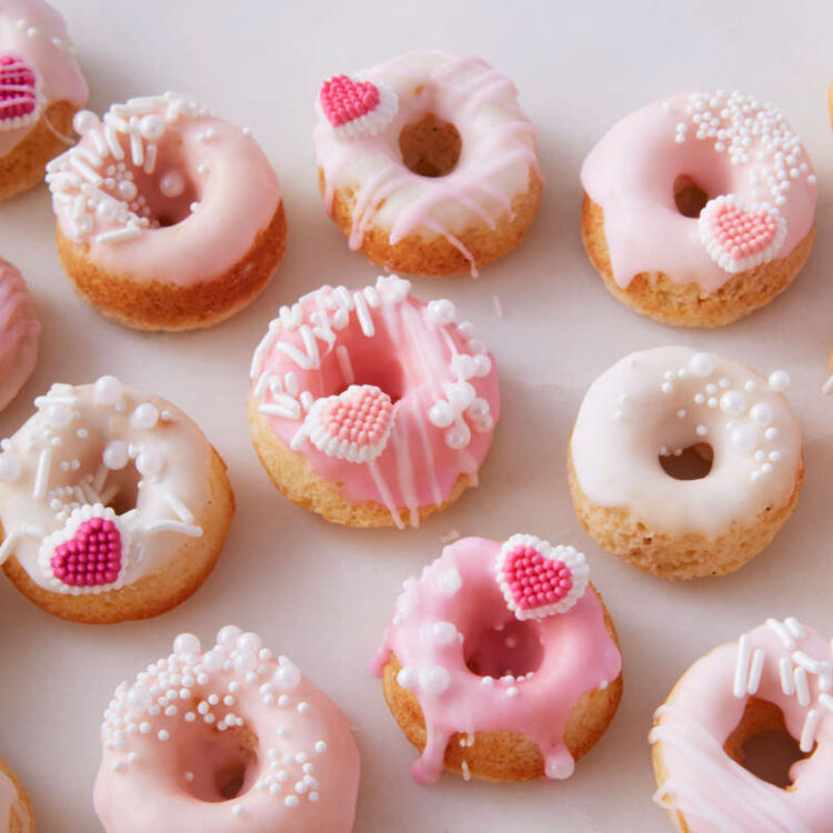 Cake Donuts with Pink Icing and Mini Candy Hearts