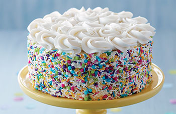 Round cake with sides covered in a variety of sprinkles and topped with buttercream rosettes
